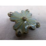 Catherine Popesco French enamelled brooch set with five diamantes, mint green and gold coloured