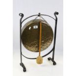 Arts and Crafts Style Table Gong and Striker with Wrought Iron Stand and Brass Gong