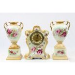 Edwardian Ceramic Cased Mantle Clock with Floral decoration and Urn Garnitures