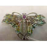 Silver Plique A Jour Butterfly Brooch with Ruby Panel