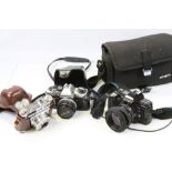 Minolta 7000 Camera with Flash in Soft Case, Cased Olympus OM10 Camera and Cased Kodak Retinette