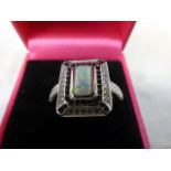 Silver Art Deco Style Ring set with CZ's abd Sapphires with Opal Panel