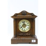 Early 20th century Oak Cased Mantle Clock with Gilt and White Enamel Dial and Roman Numerals