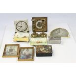 Group of smalls to include 3 clocks, 2 Doulton ashtrays (one with Hunting scene), tin , pair of