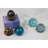 Seven Glass Paperweights including Mdina, Caithess, Boxed Wedgwood, etc