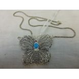 Silver and Marcasite Butterfly Pendant Necklace with Central Opal Panel