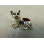 Silver Cat Pin Cushion with Emerald Eyes