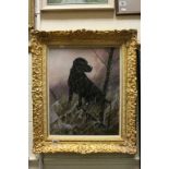 Ornate framed Oil on canvas of a Black Labrador