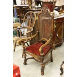 17th century Style Beechwood High Back Elbow Chair with Cane Seat and Back, Carved Scroll Arms