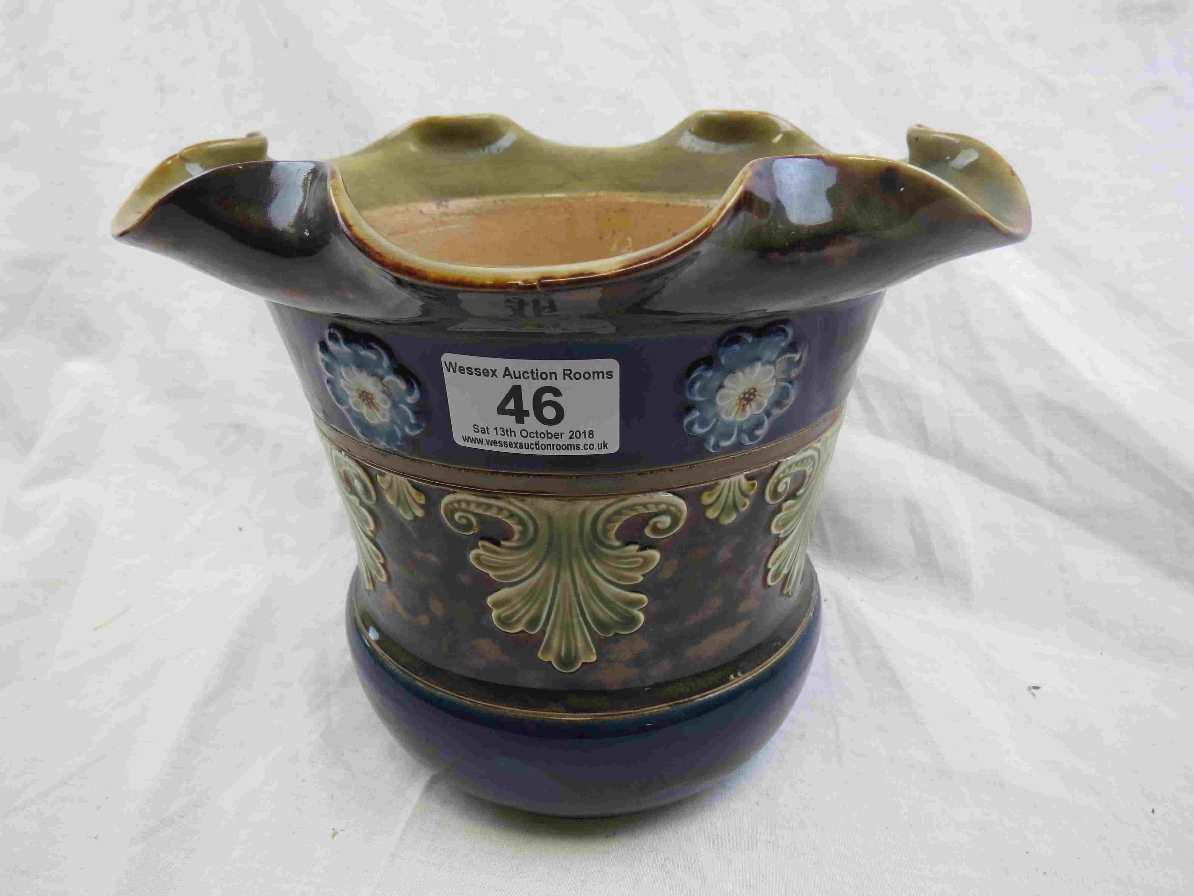Royal Doulton jadiniere of squat cylindical form with wavy edge, floral and foliate decoration in