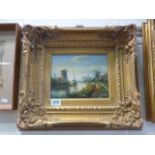 Gilt framed Oil on board picture, Dutch Masters style of a river scene by "Adrian Norley" with