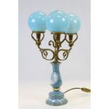 Ornate Italian Ceramic & Brass three branch electric Lamp with Blue Glass ball shades