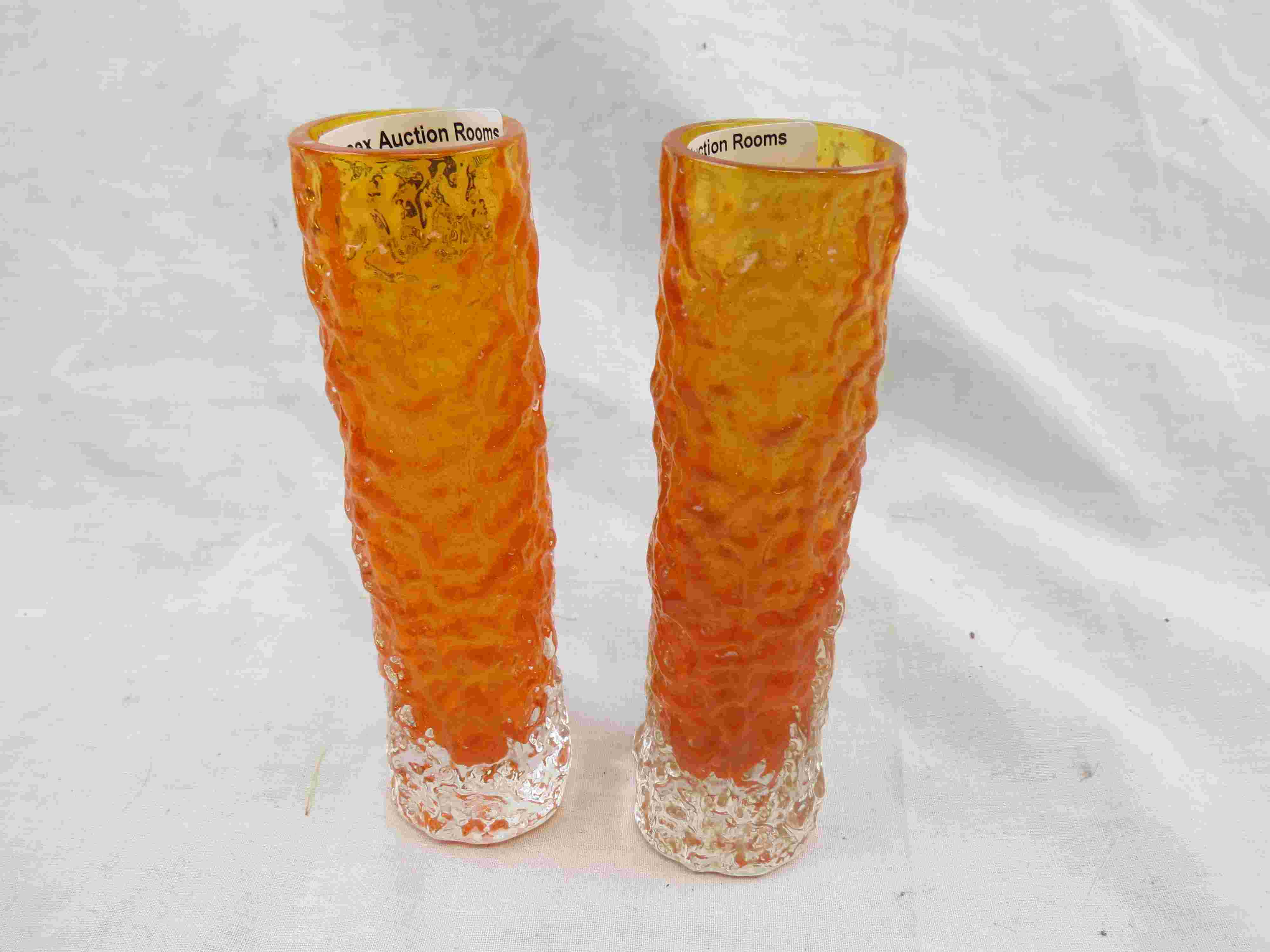 A pair of Geoffrey Baxter for Whitefriars cylindrical 'finger' bark vases, 9729, height