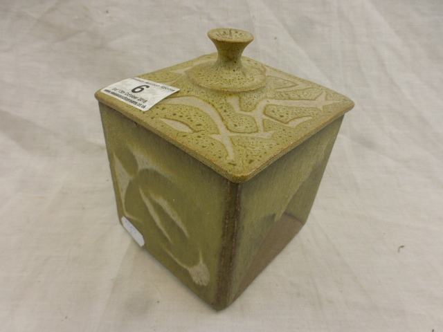 Studio Pottery lidded tea caddy of square cuboid form with abstract design, monogrammed to base, - Image 3 of 9