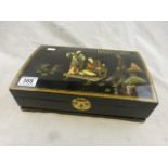 Lacquered jewellery box decorated with oriental scene, containing enamelled British Exhibiton