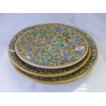 Set of Three Graduating Persian Glazed Chargers / Fruit Plates with Floral Design, 46cms, 36cms