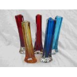 Five Whitefriars Tricorn vases, in ruby red, royal blue, kingfisher blue and golden amber, 9570,