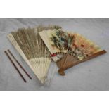 Antique lace and bone fan, hair pin in the form of a fan, paper fan and a pair of chopsticks (4)