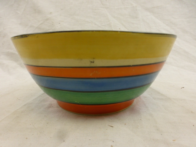 Clarice Cliff for Newport Pottery Bizarre series striped bowl, yellow, orange, blue and green,