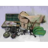 Seven Vintage Fishing Reels, Box of Floats and a Large Canvas Bag