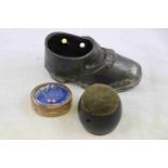 Ebony Pin Cushion, an Enamel Pill Box and a Pin Cushion in the shaped of a Clog