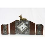 Art Deco Marble Mantle Clock Garniture, the clock surmounted by a Spelter Alsatian (a/f)