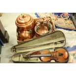 Late 19th / Early 20th century Violin, cased with Two Bows together with a Collection of Copper