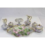 Six piece hand painted ceramic Dressing Table set with Pink Rose design and marked "E.J.H 1905"