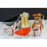 Two Myott Son & Co Art Deco Hand Painted Pinch Jugs, Beswick Ware Boat-Form Vase (1498) in