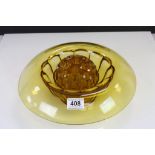 Davidson - Amber Glass flower Bowl with Frog 1930's. 12.5" diameter