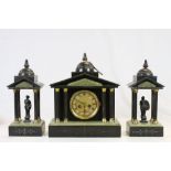 Key wind striking Marble & Onyx Mantle Clock with Garnitures, and in Romanesque style