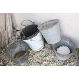 Enamel Bucket, Five Galvanised Buckets and a Paint Pot