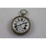 White metal open faced key wind pocket watch, white enamel dial and subsidiary dial with black Roman