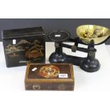 Set of vintage Kitchen Scales with brass pan & weights and two vintage wooden boxes with Oriental
