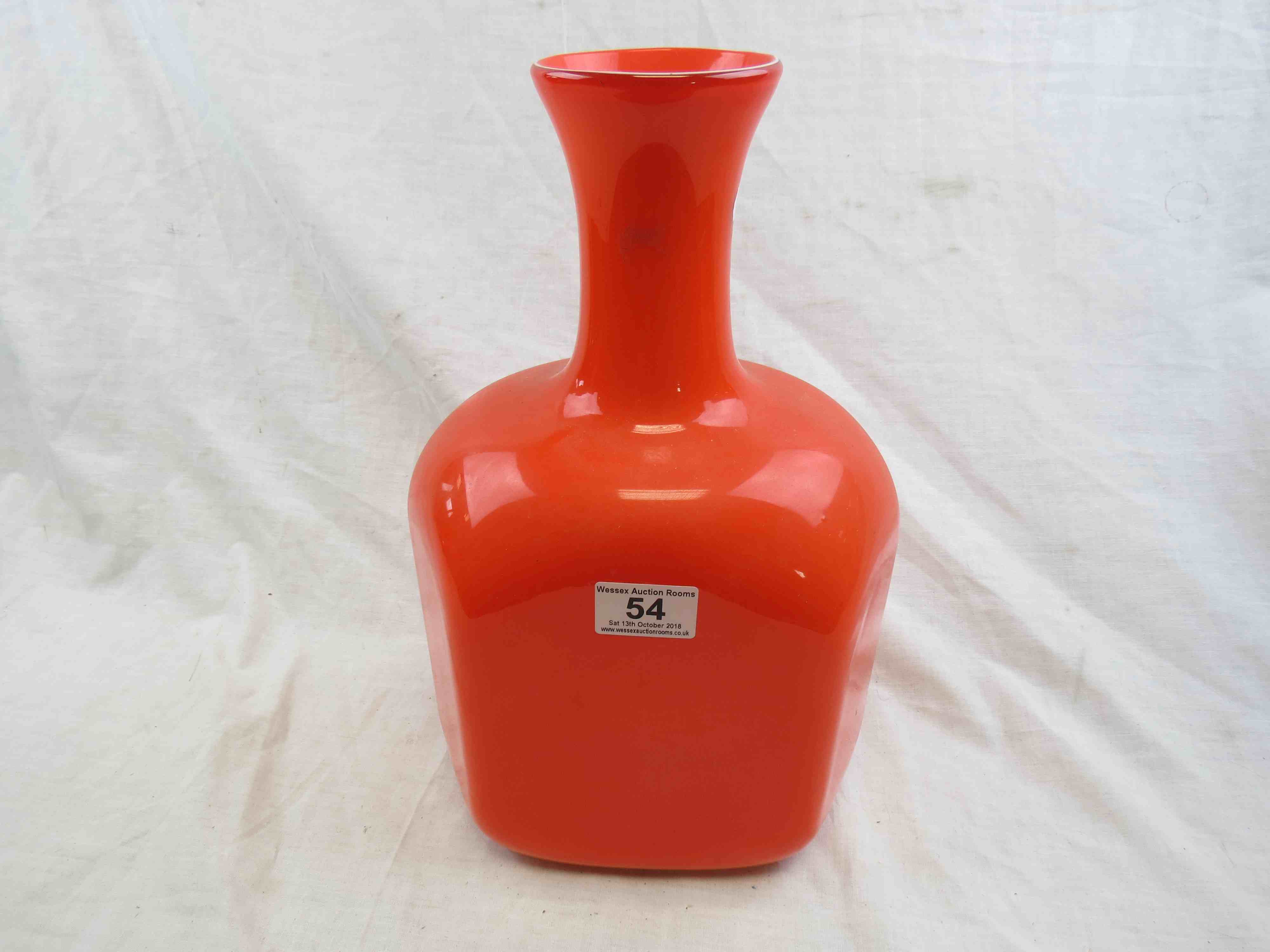 Holmegaard style opaque orange glass vase of hexagonal shouldered form, circa 1960s, thin white band