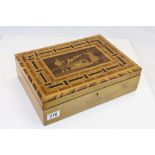Vintage Specimen Wood Box , the lid with marquetry scenes of Figures and ' Maderia '