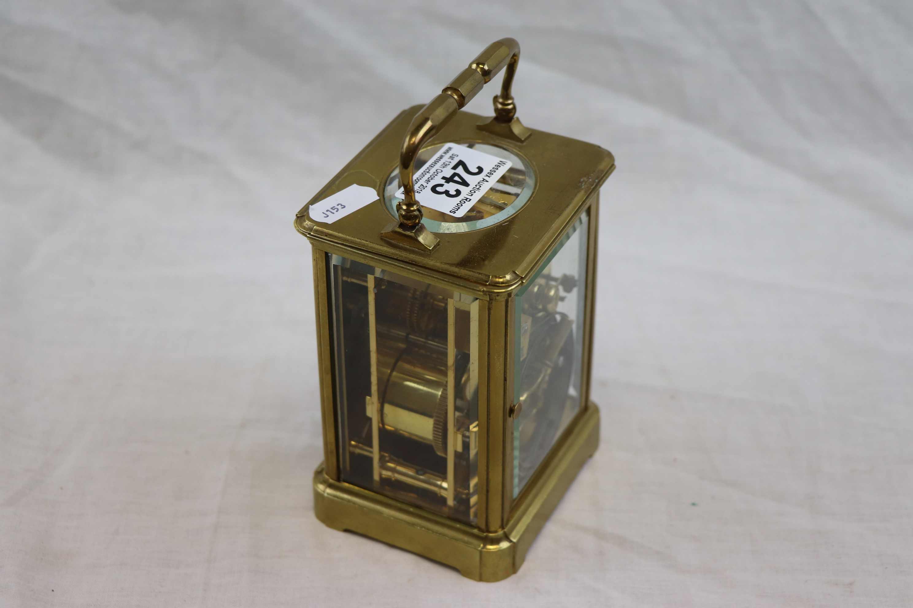 Brass chiming carriage clock, white enamel dial with black Roman numerals with Arabic numerals to - Image 3 of 6