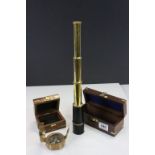 Wooden cased Brass Compass marked "Stanley London" & similar cased three draw Telescope with leather