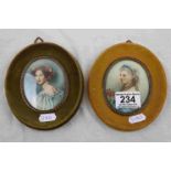 Pair of oval miniatures each depicting a woman, monogrammed, contained within velvet covered