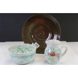 Hand Painted Studio Pottery Jug and Bowl with Studio Pottery Large Signed Plate / Bowl