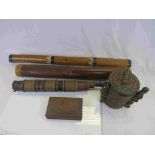 Group of Ethnic Tribal Items including Two Rainmakers, Two Wooden Carved Boxes and Leather Arrow