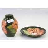 Small Moorcroft ceramic dish and vase with Hibiscus decoration