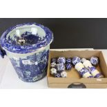 Collection of blue & white ceramics to include Carpet Bowls, Slop bucket and a Salt & Pepper cruet