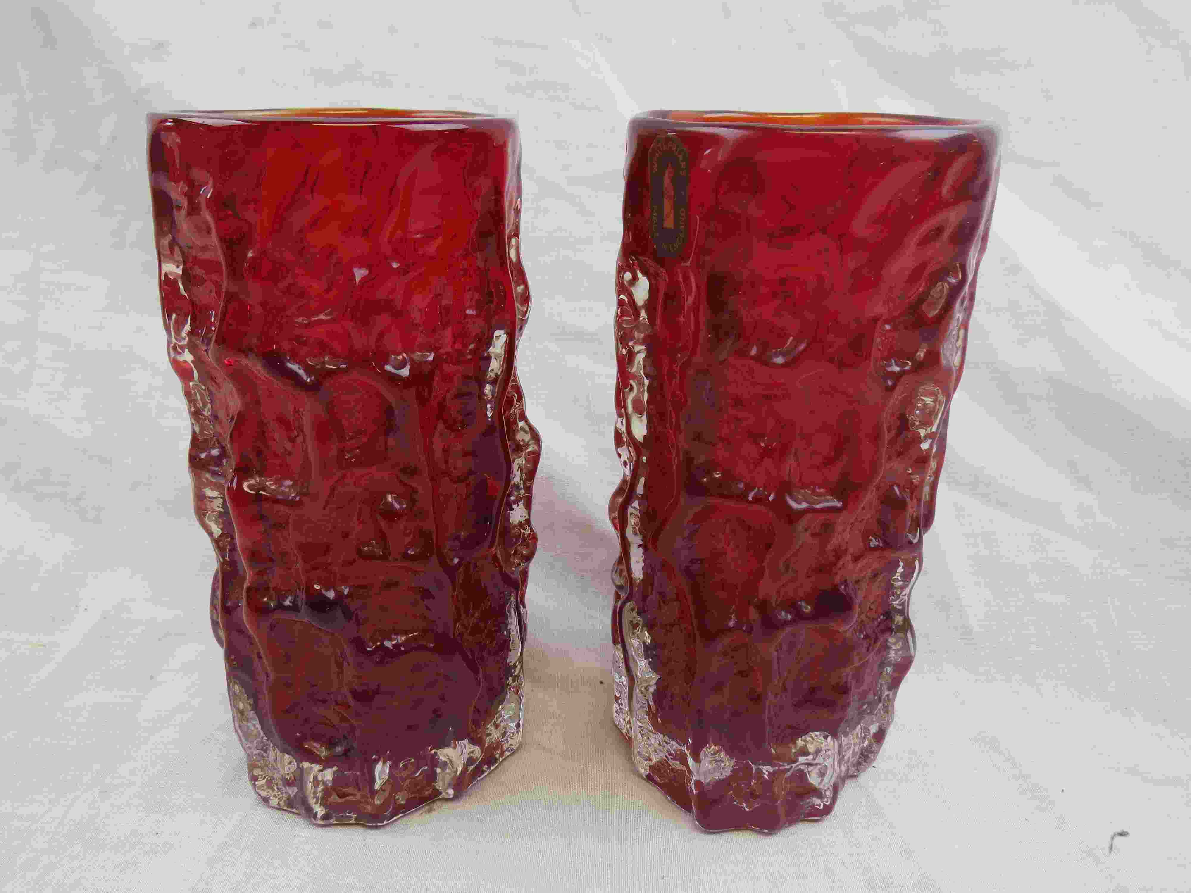 Geoffrey Baxter for Whitefriars. a pair of ruby red cylindrical bark vases from the Textured - Image 4 of 7