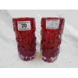 Geoffrey Baxter for Whitefriars. a pair of ruby red cylindrical bark vases from the Textured
