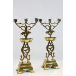Pair of Oriental Brass three branch Candlesticks with Dragon decoration