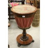 19th century Rosewood Circular Sewing Table, the hinged inset needlework panel lid opening to reveal