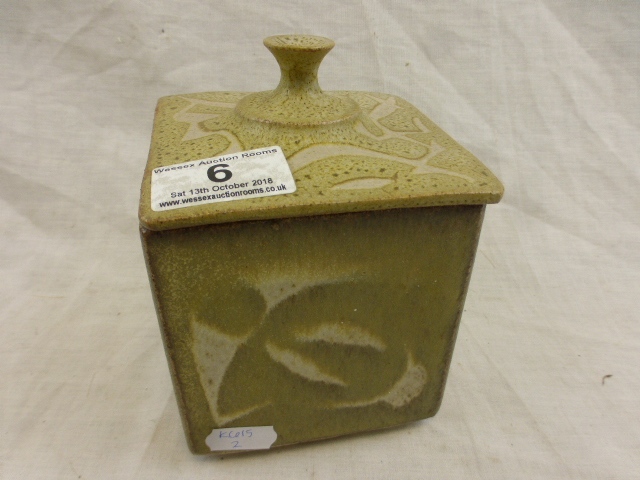 Studio Pottery lidded tea caddy of square cuboid form with abstract design, monogrammed to base,