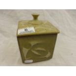 Studio Pottery lidded tea caddy of square cuboid form with abstract design, monogrammed to base,