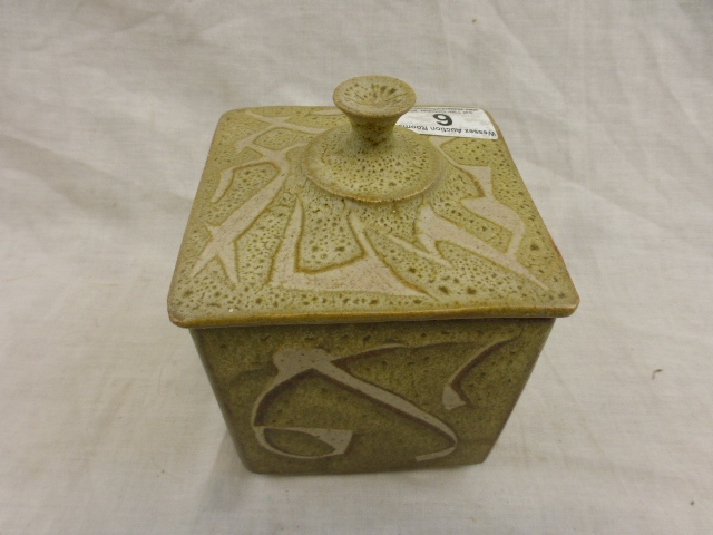 Studio Pottery lidded tea caddy of square cuboid form with abstract design, monogrammed to base, - Image 7 of 9